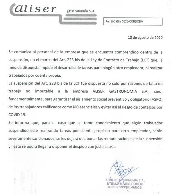 Aliser Gastronomía S.A. amenaza a los Trabajadores