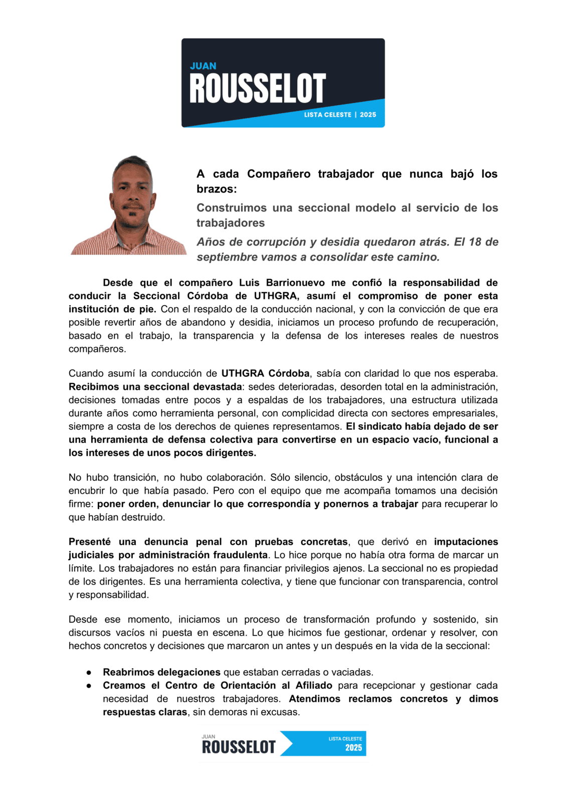Palabras de Juan Rousselot para todos los trabajadores